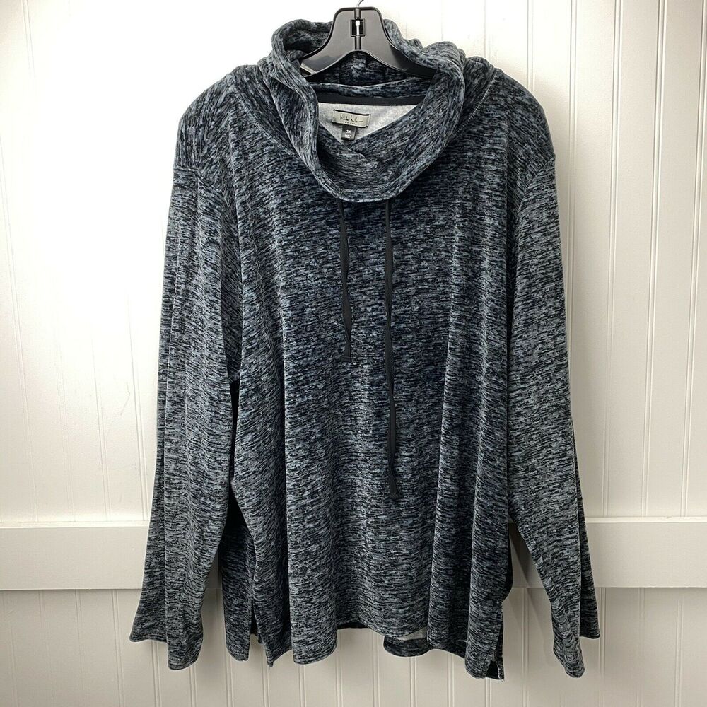 Cowl Neck Sweater Nicole Miller Drawstring Womens 3X Dark Gray Marled Soft EUC